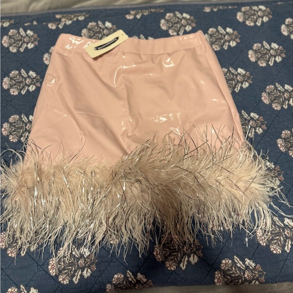 Impressions Dresses & Skirts - Impressions Blush Pink Patent Mini Skirt with Feather Trim